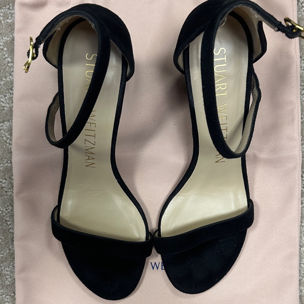 Stuart Weitzman Nudist Block 75 Black Suede Women's Sandals